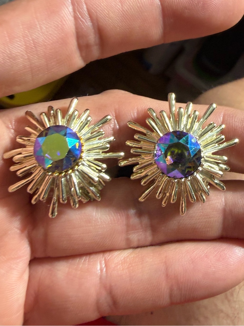 Vintage “ Garne “ Gold Tone Sunburst Aurora
Borealis Earrings